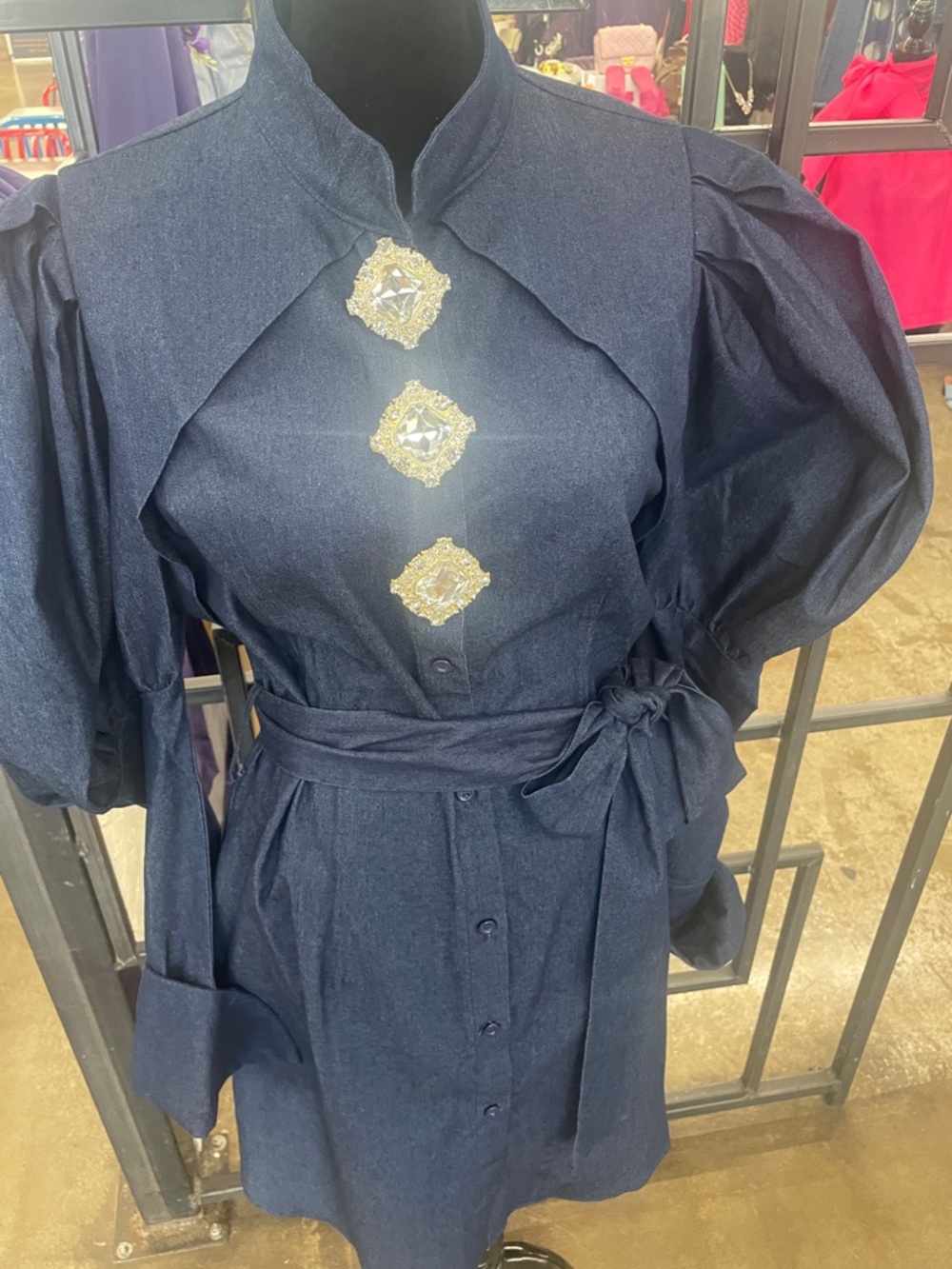 Dark Blue Puff Sleeve Tie-Waist dress with Embellished Buttons - Picture 2 of 4